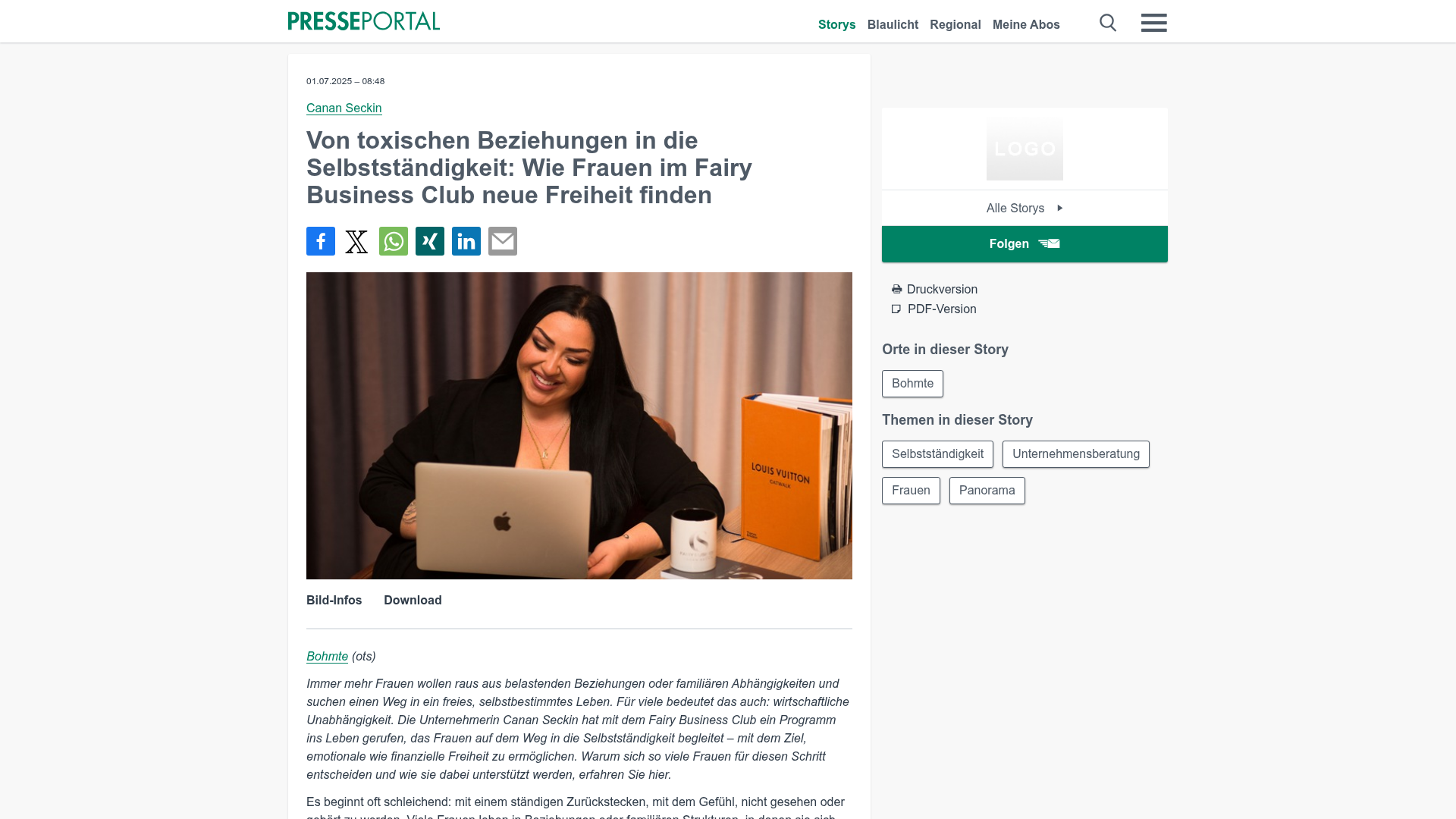 Artikel in Presseportal: Wie Frauen im Fairy Business Club neue Freiheit finden