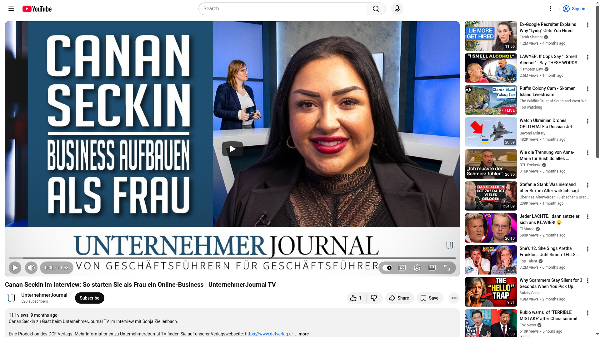 Artikel in YouTube: Canan Seckin im Interview